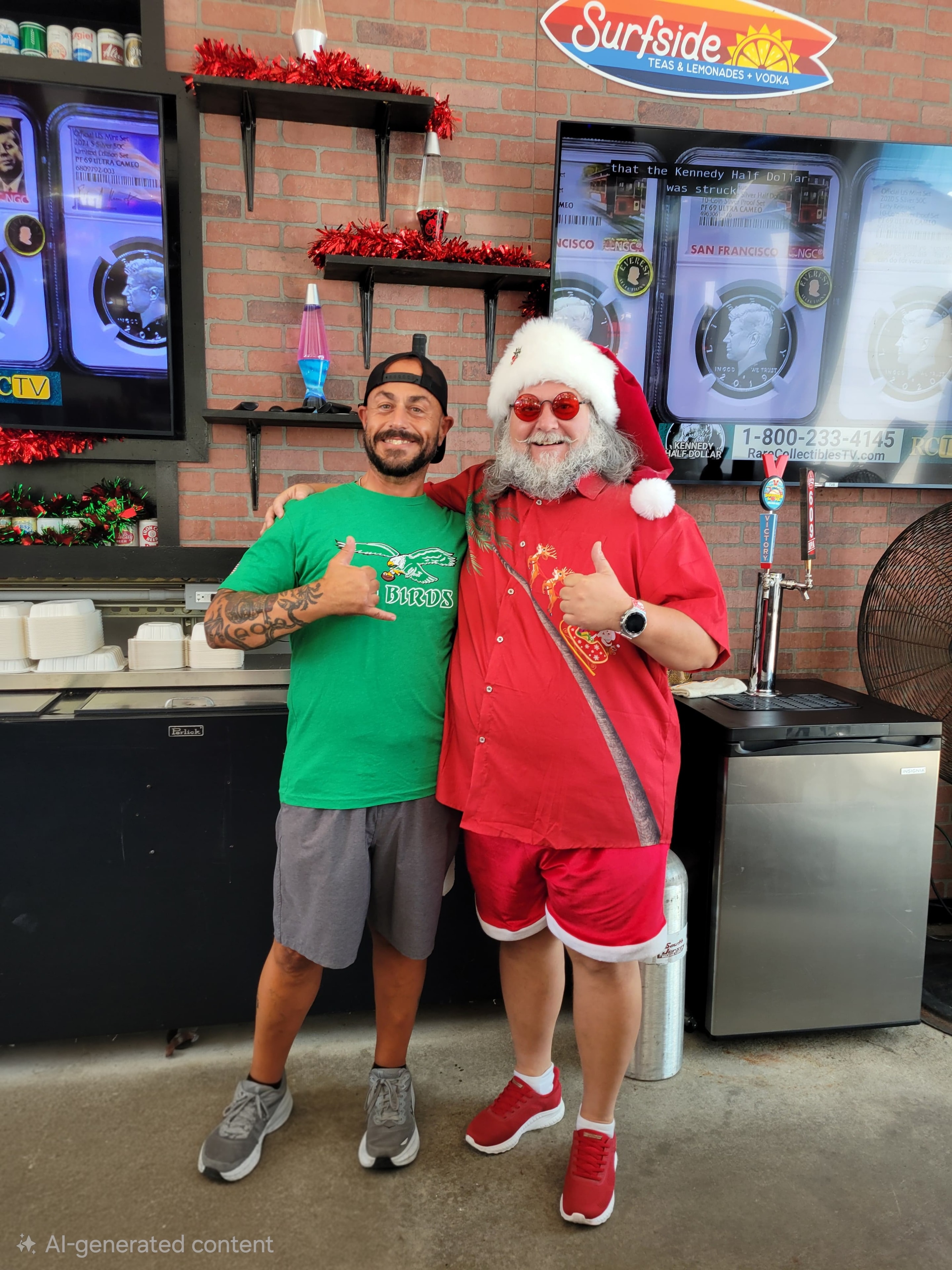 Cape May County Santa in red Hawaiian shirt with an Eagles fan at Surfside Teas and Lemonades