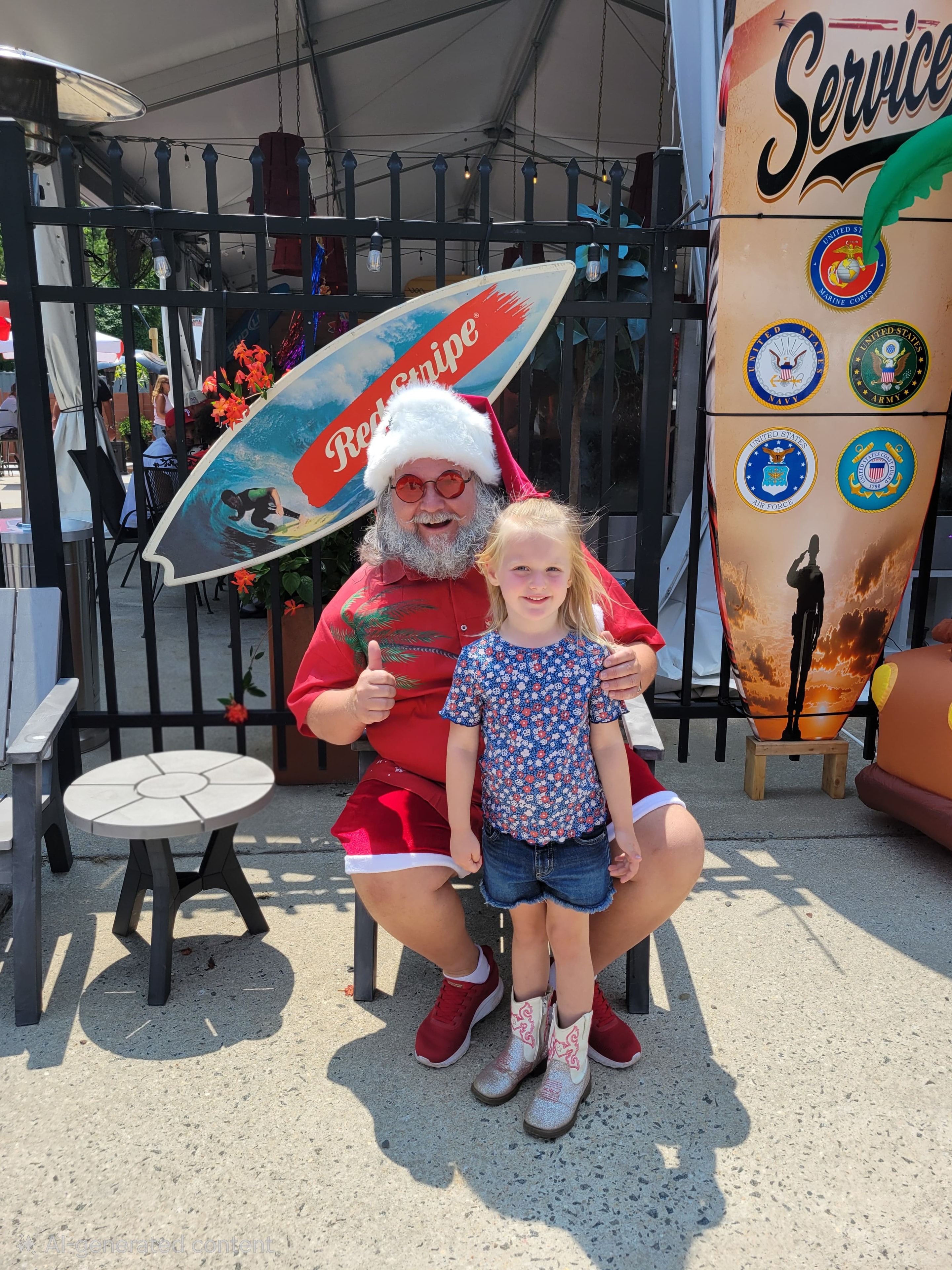 Cape May County Santa giving thumbs up with a young girl in cowboy boots at an outdoor venue with military branch banners